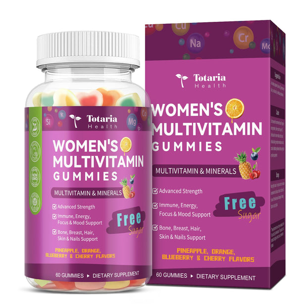 Sugar Free Multivitamin Gummies for Women 14+ w/Iron, Inositol, Folate, Biotin, Womens Daily Multivitamin Gummy w/Vitamin A, C, B, D3, K2, for Hair, Skin, Energy, Immune, Strawberry Flavor
