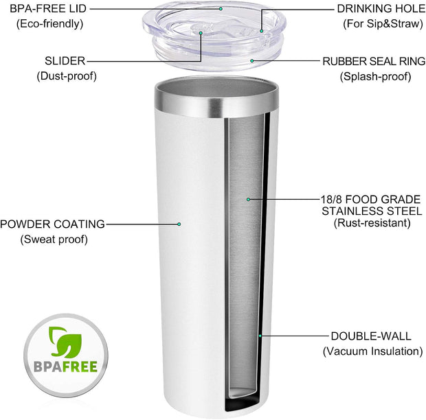 VEGOND Stainless Steel Tumblers Bulk 12 Pack, 20 oz Vacuum Insulated Skinny Tumblers with Lids and Straws, Double Wall Coffee Mug, Travel Water Cup, White