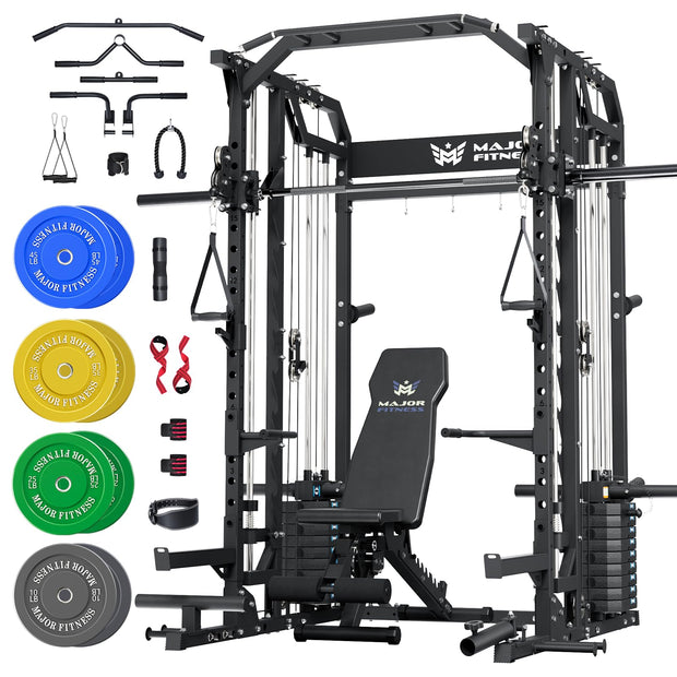 Major Fitness Drone2 Advanced Training Smith Machines– All-in-One Home Gym Squat Rack with Aluminum Pulley Set , Weight Bar, Dual LAT Pull-Down Systems & Cable Crossover Machine for Full-Body Workouts