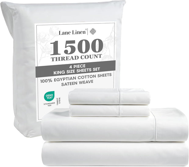 LANE LINEN 100% Egyptian Cotton White Sheets King Size - 1500 TC, 4 Pc - Luxury Sateen Weave Cotton King Size Sheets Set - 15" Extra Deep Pocket King Sheets Sets - White Bed Sheets
