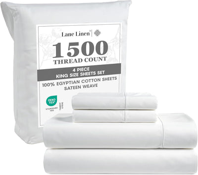 LANE LINEN 100% Egyptian Cotton White Sheets King Size - 1500 TC, 4 Pc - Luxury Sateen Weave Cotton King Size Sheets Set - 15" Extra Deep Pocket King Sheets Sets - White Bed Sheets