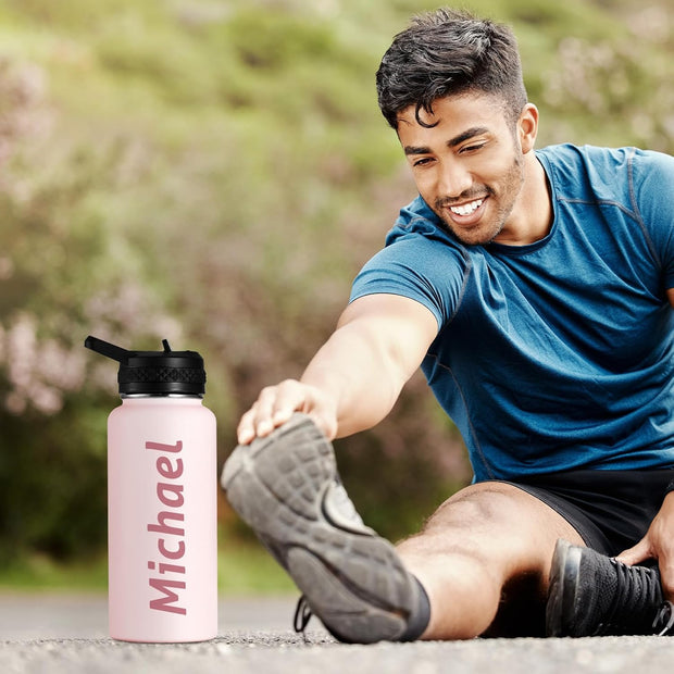 Personalized Custom Water Bottle with Text Photo Print in USA 32oz Double Wall Stainless Steel Leakproof Wide Mouth Cup with Flip Straw