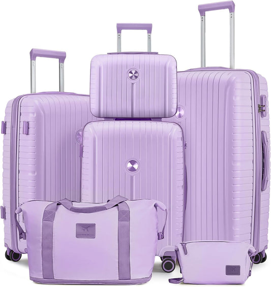 Joyway Luggage Sets 6 Piece PP Hardside Carry on Suitcase with Spinner Wheels and TSA Lock for Travel, Purple