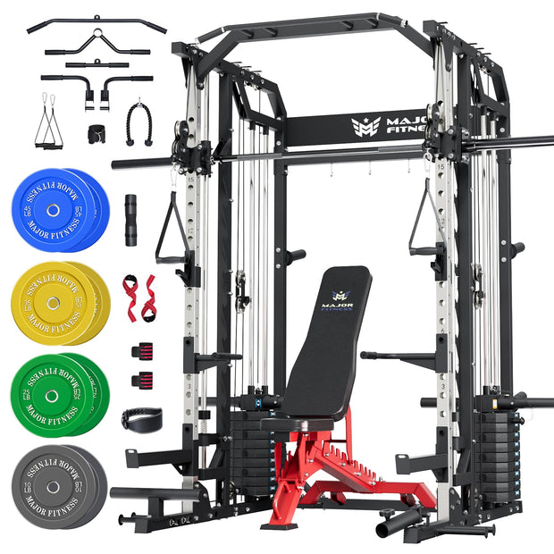Major Fitness Drone2 Advanced Training Smith Machines– All-in-One Home Gym Squat Rack with Aluminum Pulley Set , Weight Bar, Dual LAT Pull-Down Systems & Cable Crossover Machine for Full-Body Workouts