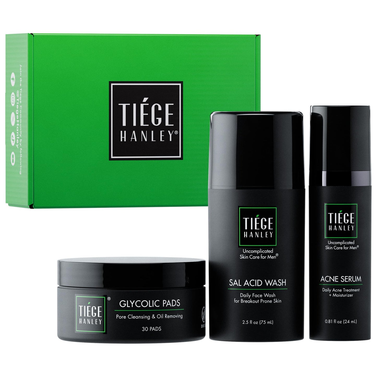Tiege Hanley Men's Acne Treatment System (Level 2) - TiegeClear Advanced Routine for Smooth Skin - Includes Sal Acid Wash, Glycolic Acid Pads, and Serum - All Skin Types