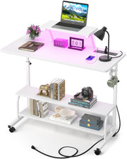 Height Adjustable Standing Desk with Power Outlets and LED Lights - 39" Manual Stand Up Desk with Monitor Stand and Storage Shelves Small Mobile Rolling Computer Desk Portable Laptop Table, Rustic