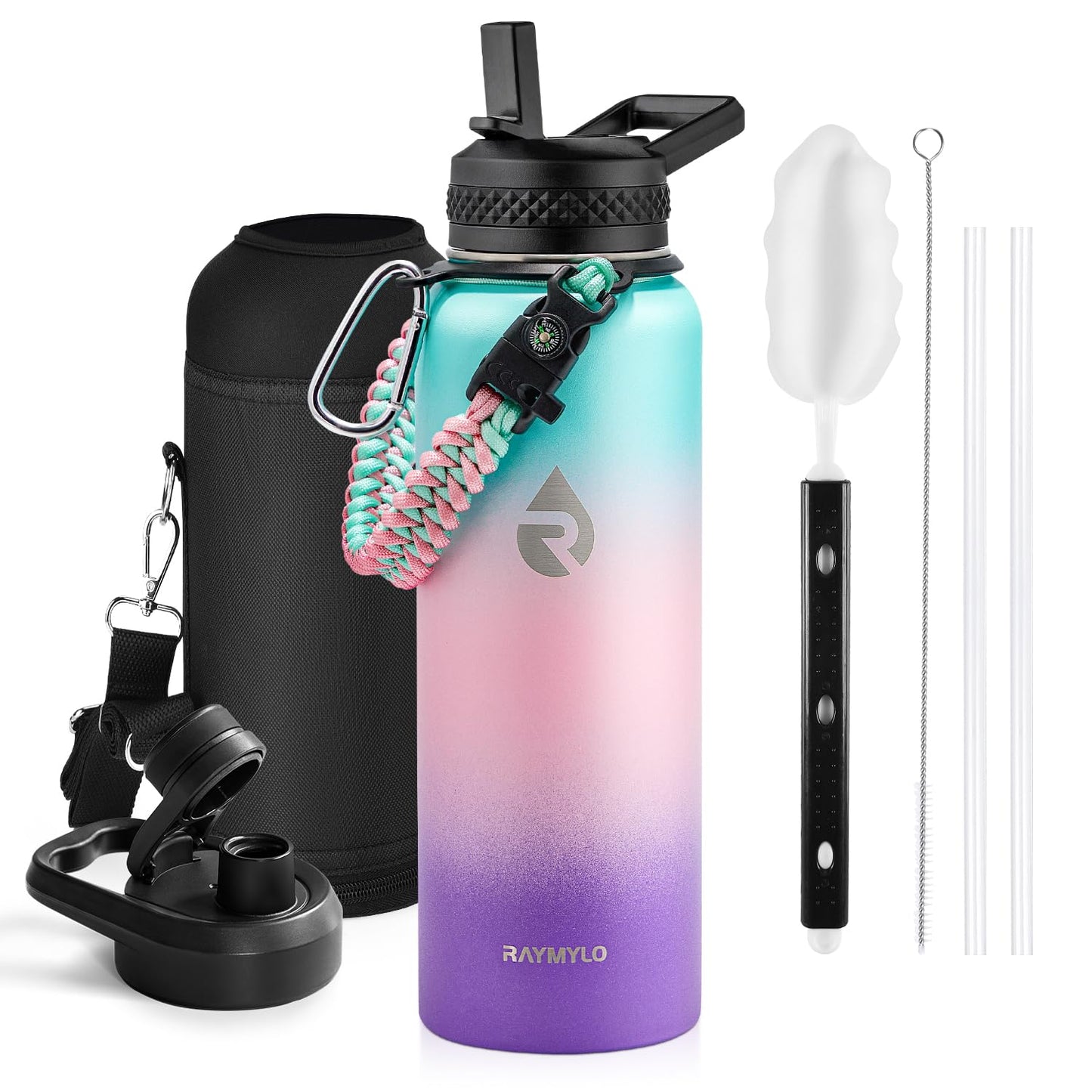 Insulated Water Bottle 64 oz, Triple Wall Vacuum Stainless Steel (Cold for 48 Hrs), Leak Proof & Non-BPA, Half Gallon Water Flask Jug with Paracord Handle & Straw Spout Lids, Magic Black
