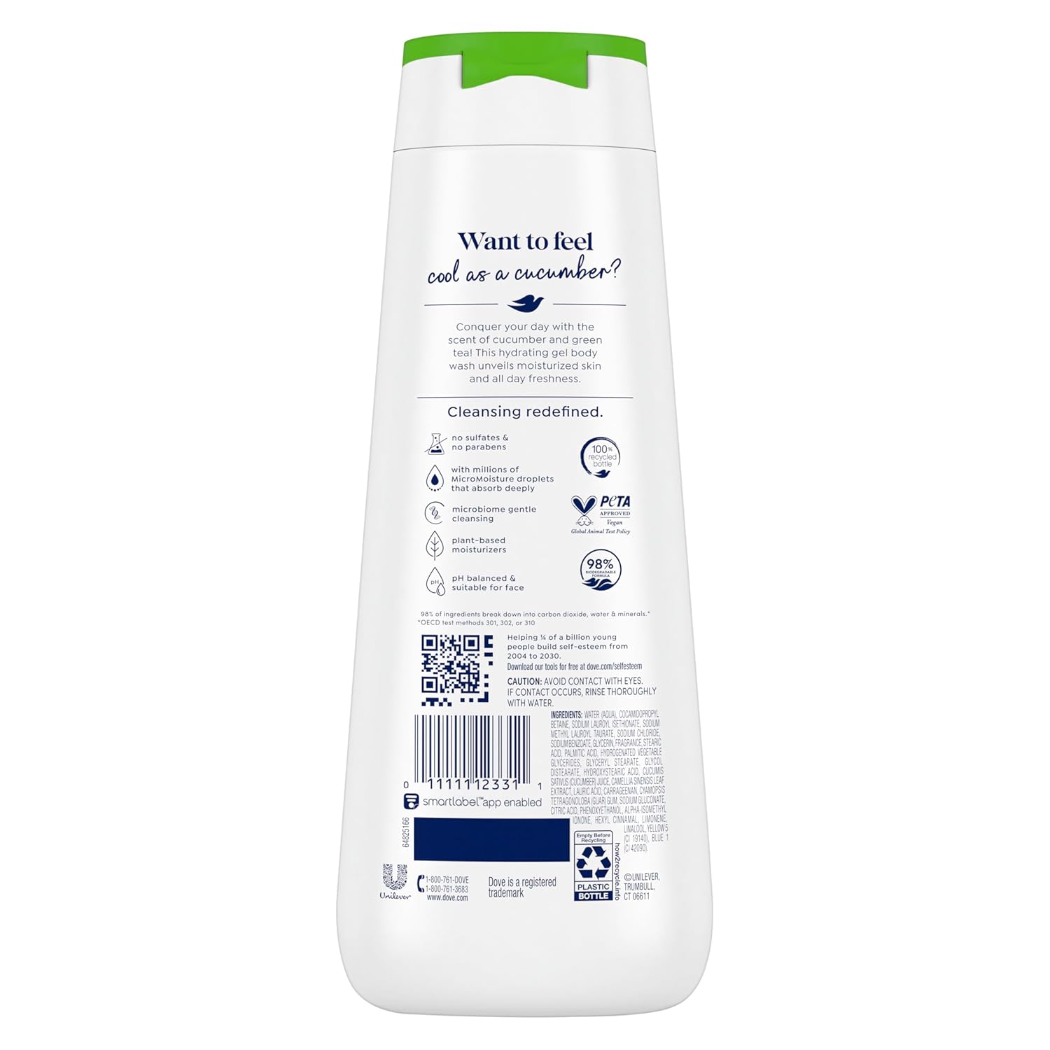 Dove Body Wash Refresh Cucumber and Green Tea for 24hr Lotion-Soft Skin Moisturizing Skin Cleanser with No Sulfates No Parabens 20 oz