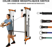 Wall-Mounted Folding Smith Machine Home Gym, All-in-One Compact Power Cage & Cable Pulley Trainer with 125–250LB Dual-User Resistance Band System for Home, Garage, Basement Fitness
