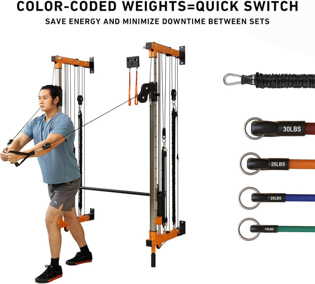 Wall-Mounted Folding Smith Machine Home Gym, All-in-One Compact Power Cage & Cable Pulley Trainer with 125–250LB Dual-User Resistance Band System for Home, Garage, Basement Fitness