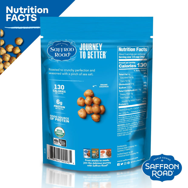 Saffron Road Roasted and Crunchy Sea Salt and Cracked Pepper Chickpeas | High Protein Snacks | Gluten-free, Vegan, Non-GMO, and Certified Halal and Kosher | 5.4oz Pouch | Pack of 6