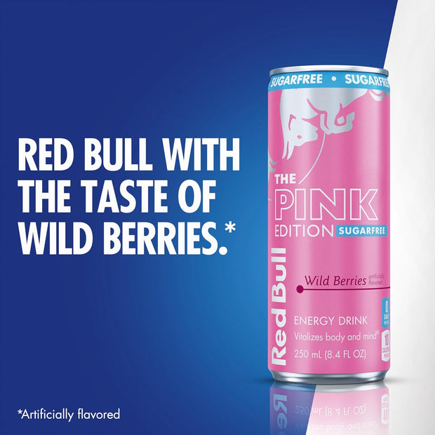 Red Bull Pink Edition Sugar Free Energy Drink, Wild Berries, 8.4 fl. oz., 6 x 4 Cans, Pack of 24 Cans, with 80mg Caffeine, Taurine & B Vitamins