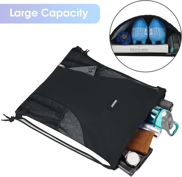 WANDF Drawstring Backpack Sports Gym Sackpack with Mesh Pockets Water Resistant String Bag for Women Men(Black)