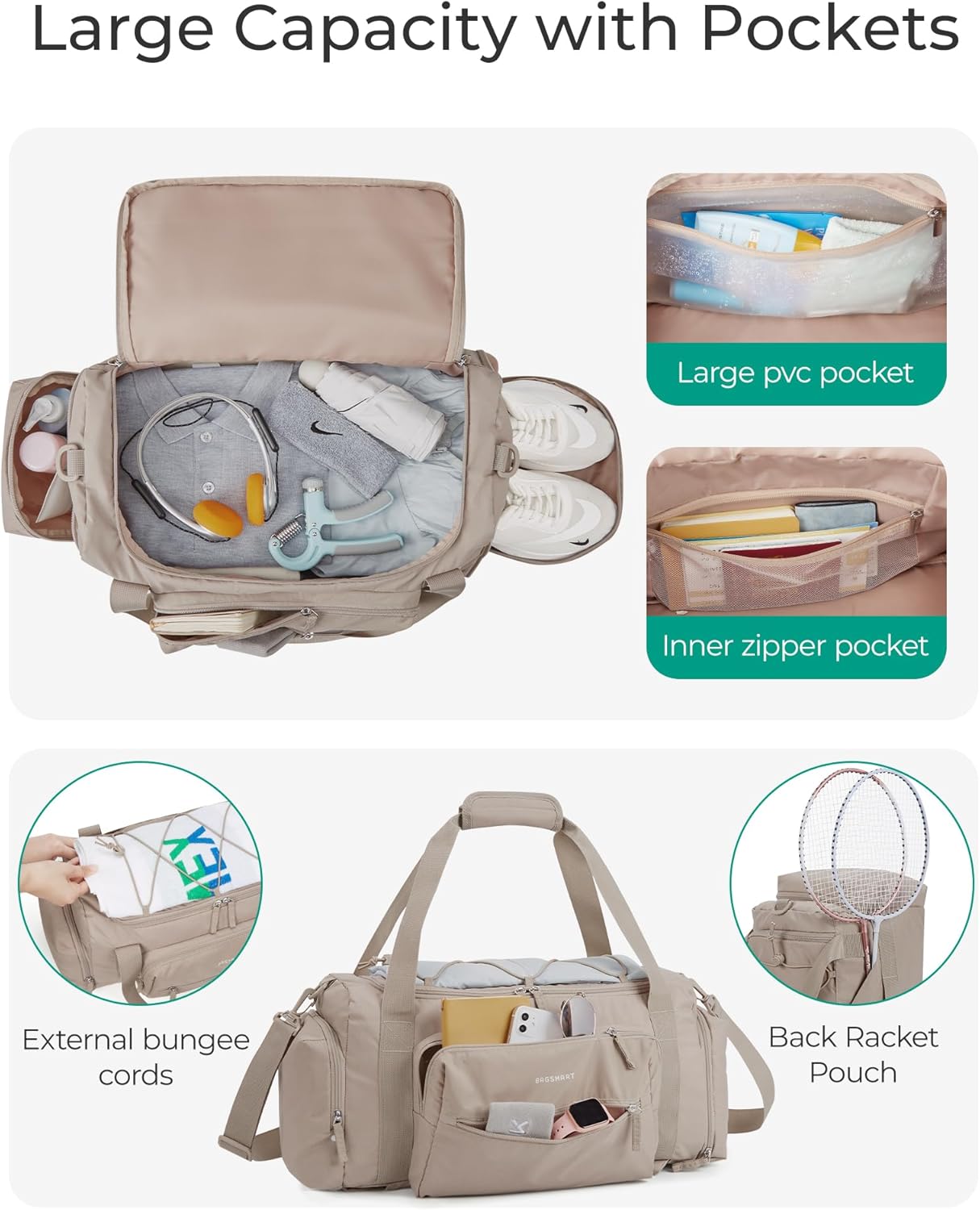 BAGSMART 4-IN-1 Gym Bag for Women,TSA Lightweight Duffle Bag for Travel with Shoe Compartment & Wet Pocket, 30L Carry On Weekender Bags for Women,Water Resistant Travel Duffel Backpack,Camel