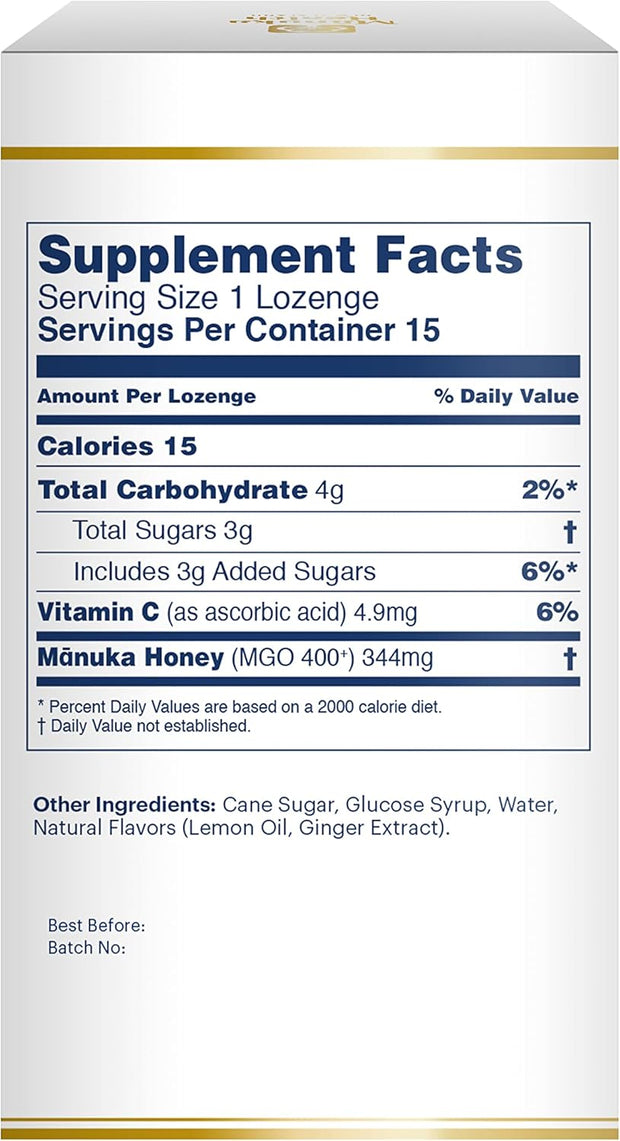 Manuka Health Manuka Honey Lozenges – 15 Lemon and Ginger Flavored Lozenges – Natural Throat Lozenges Infused with Raw Manuka Honey and Vitamin C for Immune Support
