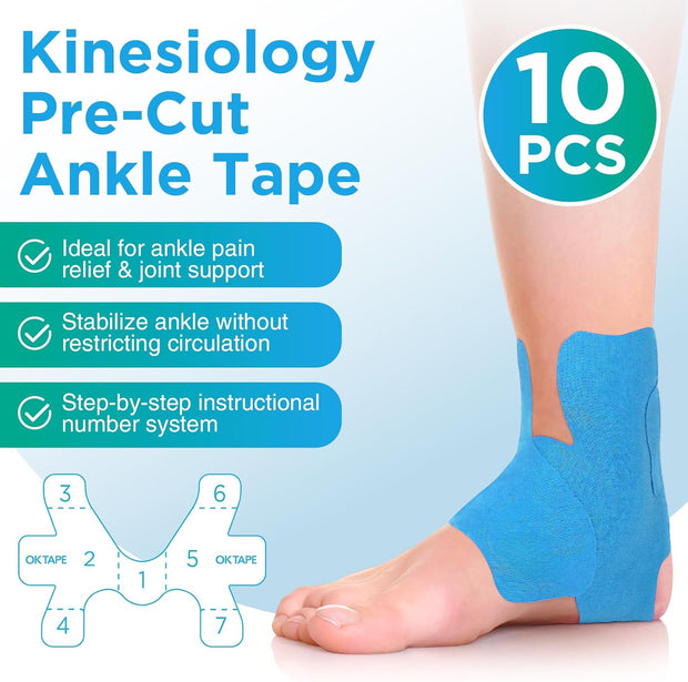 OK TAPE Precut Kinesiology Ankle Tape, 10 Pcs, Pain Relief, Prevent Ankle Sprain, Provide Support for Ankle Ligament, Elastic Athletic Tape, Breathable K Tape for Daily use - Beige