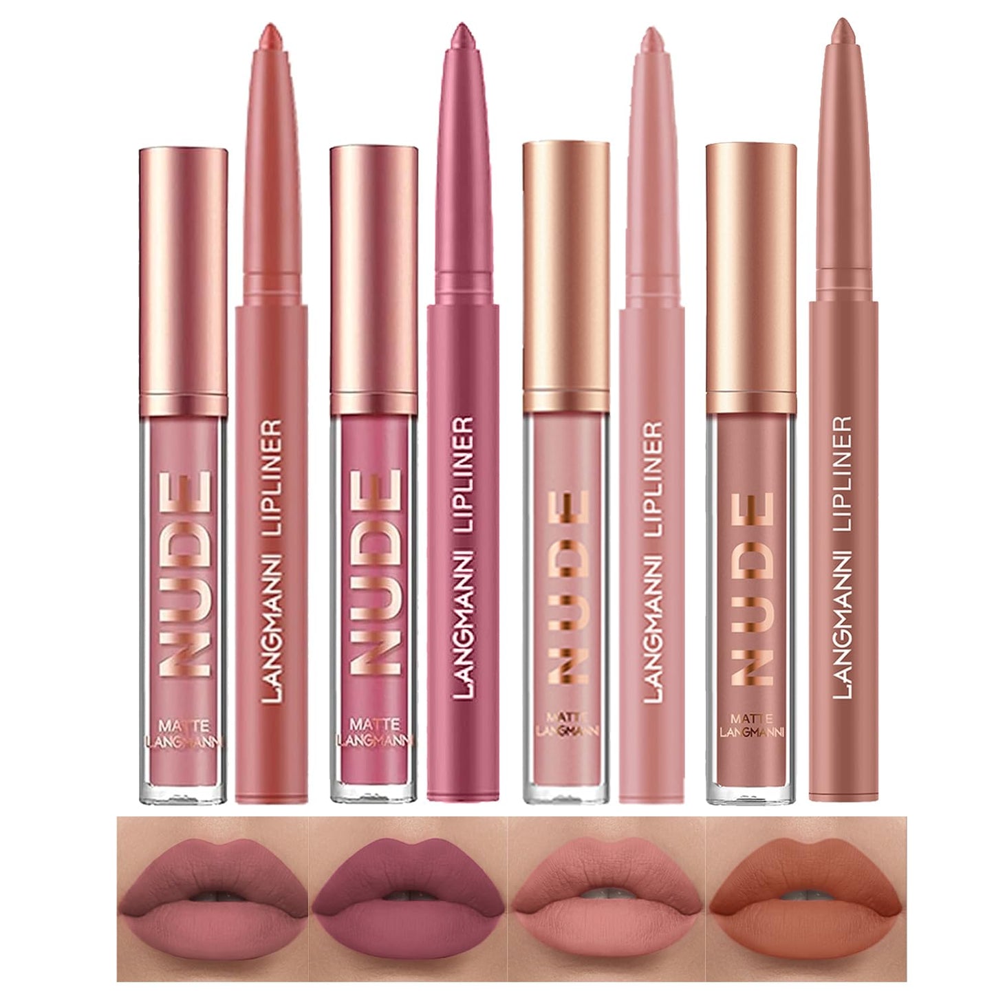 LANGMANNI 6 Matte Lipstick with 6 Lipliners Durable Makeup Set,Long-Lasting Non-Stick Cup Not Fade Waterproof Pigmented Velvet Lipgloss Kit Beauty Cosmetics Makeup Gift for Girls (#A)