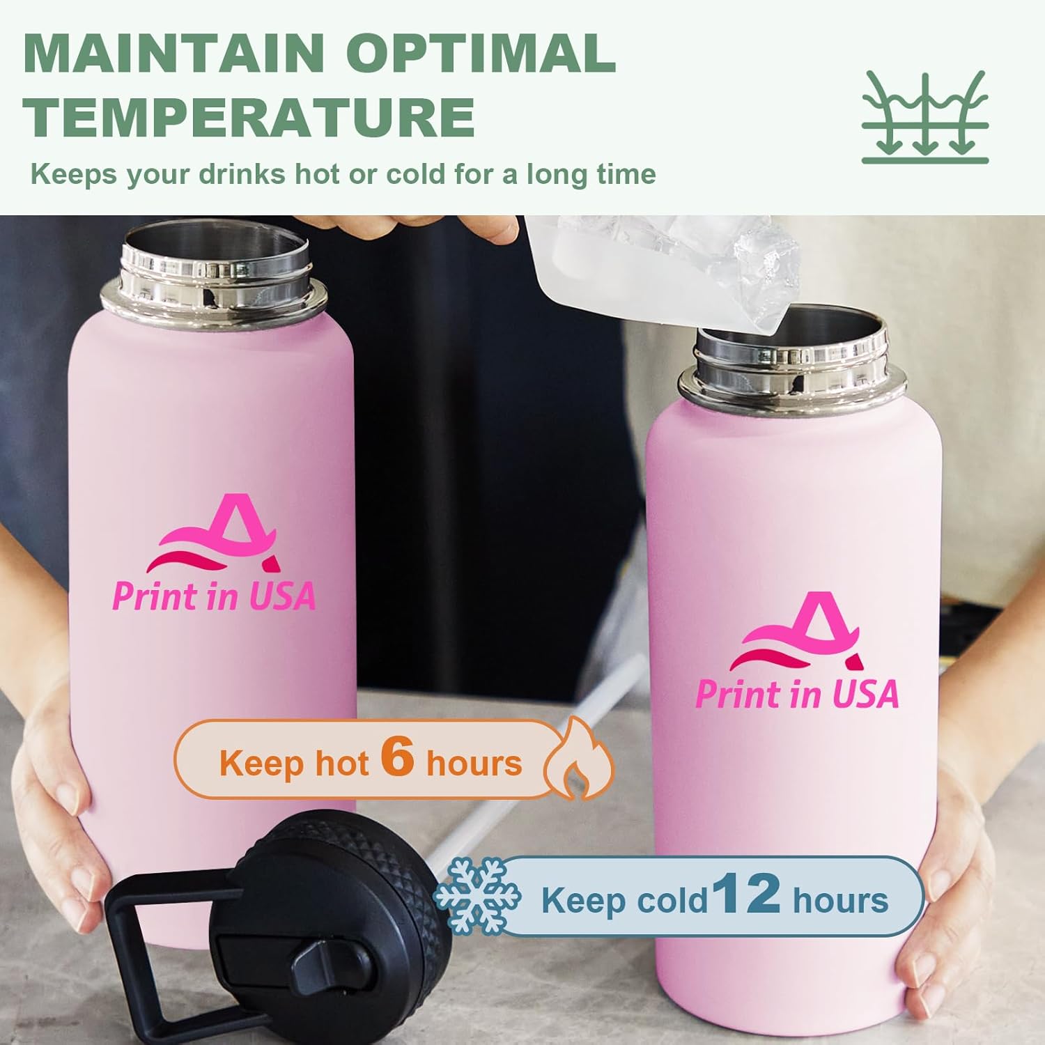 Personalized Custom Print in USA Water Bottle 32oz Stainless Steel Double Wall Coffee Cup with Lid & Straw Insulated Tumbler with Colorful Text Logo Photo