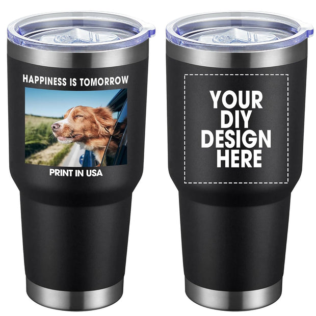 Personalized Custom Tumbler Print in USA 20oz Stainless Steel Coffee Cup with Lid & Straw Double Wall Insulated Tumbler with Colorful Text Logo Photo