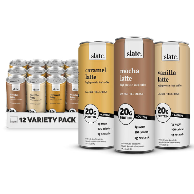 Slate Milk - High Protein Milk Shake - Core Variety Pack - Classic Chocolate, Dark Chocolate, French Vanilla - Lactose Free, 20g Protein, 1g Sugar, 100 Calories, 1-2g Net Carbs - 11 fl oz, 12 Cans