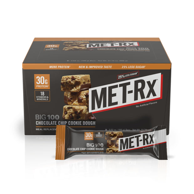 MET-Rx Big 100 Granola Protein Bar, Meal Replacement Bar, 28 G Protein, Chocolate Chip, Pack of 9