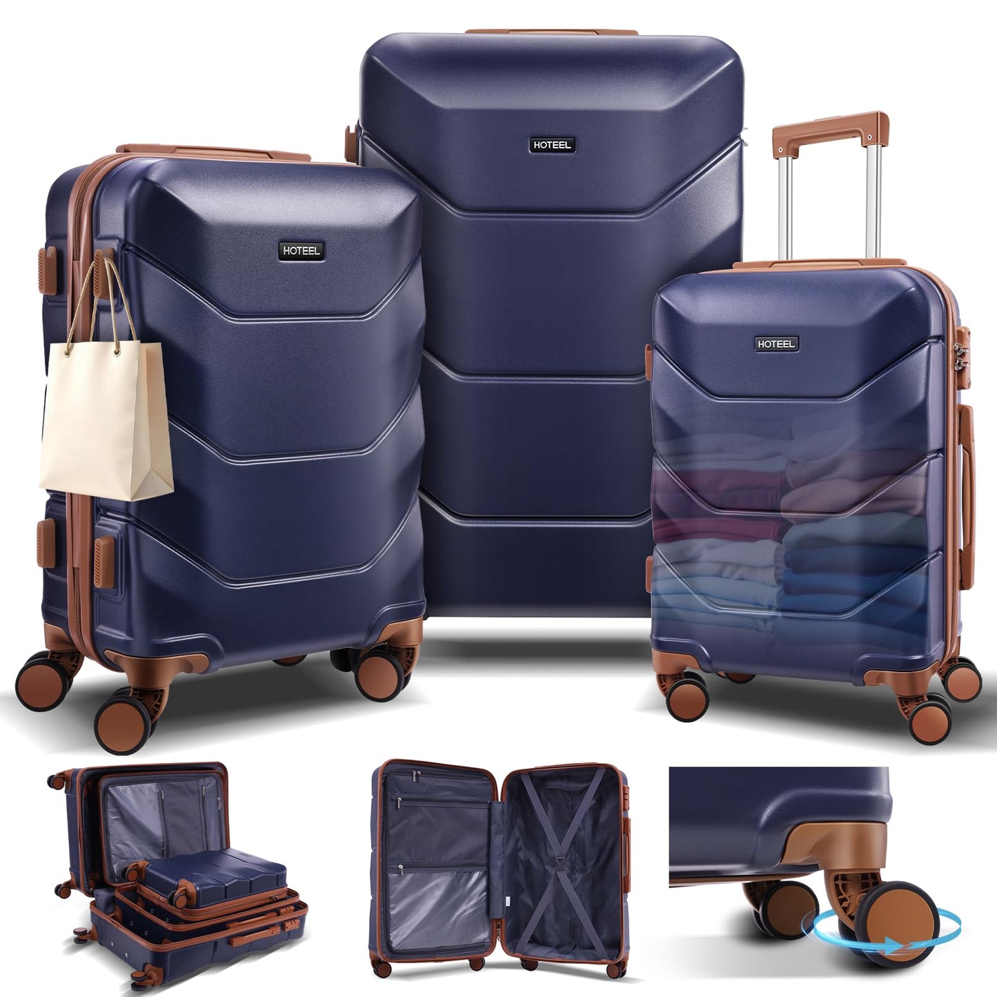 Hoteel 3-Piece Luggage Set with Spinner Wheels, Durable Carry On Suitcase Luggage with TSA Lock, Portable Lightweight ABS Luggages for Travel, Black