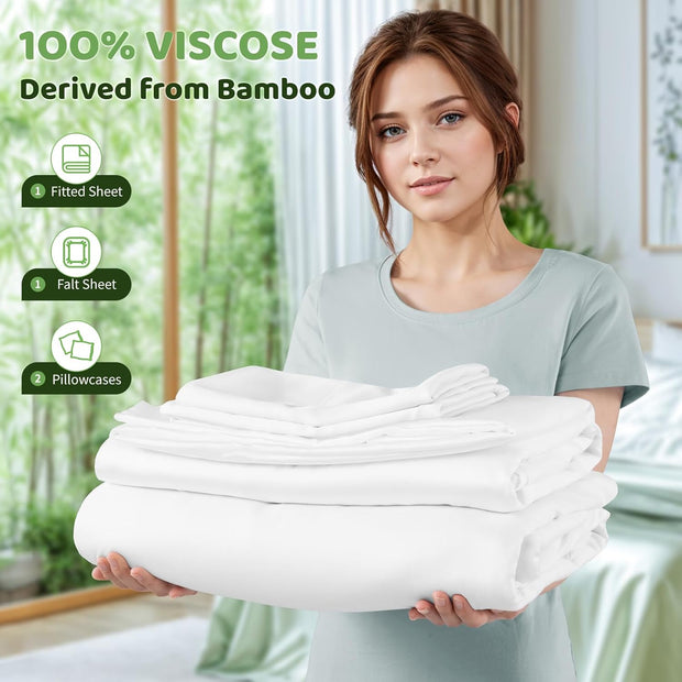 LBRO2M Cooling Bed Sheet 100% Viscose Derived from Bamboo Sheet Set King Size 4 Piece,16" Deep Pocket, 1800 TC Sheet Super Soft Silky Smooth,Breathable Comfortable (King White)