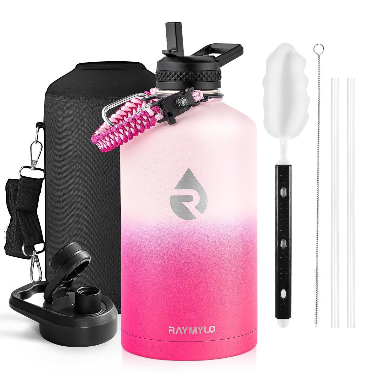 Insulated Water Bottle 64 oz, Triple Wall Vacuum Stainless Steel (Cold for 48 Hrs), Leak Proof & Non-BPA, Half Gallon Water Flask Jug with Paracord Handle & Straw Spout Lids, Magic Black