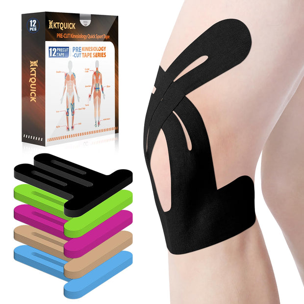 PreCut Kinesiology Tape for Knees, 12 PCS Waterproof KTQUICK Knee Tape for Knee Pain Relief Pre Cut, Original Cotton Athletic Knee Tape, Waterproof & Hypoallergenic Latex-Free for Sports (Black)