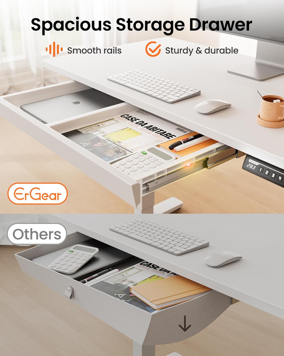 ErGear 44" x 24" Electric Standing Desk with Drawers, Height Adjustable Desk with 4 Preset Heights, Ergonomic Rising Home Office Computer Table with Splice Board, White