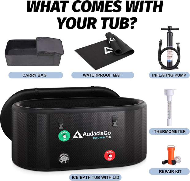 XXL Ice Bath Tub for Athletes, Compatible with Water Chillers, 216-Gallon Inflatable Cold Plunge Tub with Insulated Lid, Thermometer, Water-Absorbent Mat, Portable for Outdoor & Indoor Recovery