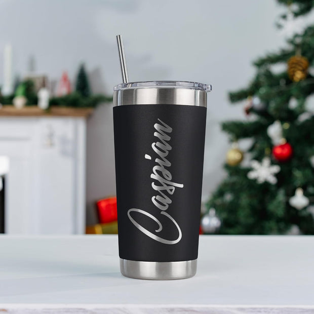 Personalized Tumblers, Stainless Steel 20 oz Tumbler w/Lid | 13 Designs | Personalized Cups Double Walled Insulated Coffee Cup for, Gym, Fitness | Hot and Cold Drink Use - Black