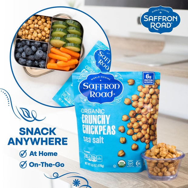 Saffron Road Roasted and Crunchy Sea Salt and Cracked Pepper Chickpeas | High Protein Snacks | Gluten-free, Vegan, Non-GMO, and Certified Halal and Kosher | 5.4oz Pouch | Pack of 6