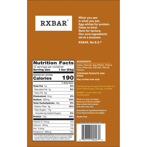 RXBAR Protein Bars, 12g Protein, Gluten Free Snacks, Snack Bars, Peanut Butter, 22oz Box (12 Count)