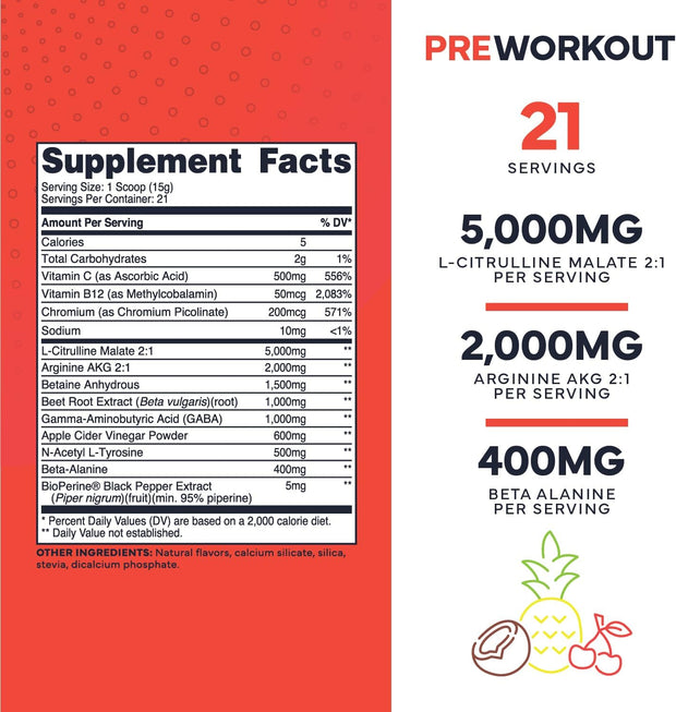 Ultra Clean Stim Free Pump Pre Workout + Nitric Oxide Booster (Fruit Punch) Beetroot, 7G Arginine Citrulline Malate, Betaine, Beta A, ACV+ - Sugar/Caffeine Free Natural Non Stim Preworkout Men & Women