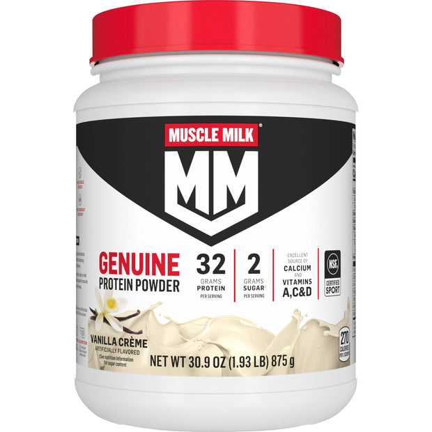 Muscle Milk Genuine Protein Powder, Chocolate, 1.93 Pounds, 13 Servings, 32g Protein, 2g Sugar, Calcium, Vitamins A, C & D, NSF Certified for Sport, Energizing Snack, Packaging May Vary