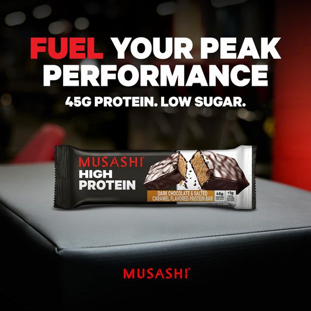 MUSASHI High Protein Bar, 45g Protein, <1g Total Sugars, Dark Chocolate & Salted Caramel, Post Workout and Protein Snack On The Go, 12 Pack of 3.2oz (90g) Bars