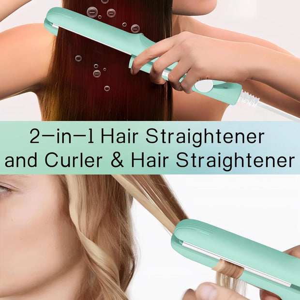 Mini Dual Purpose Curling Iron, 2 in 1 Mini Curling Wand & Flat Iron Hair Straightener, Portable Travel Curling Wand, Small Curling Iron for Women Short Hair, Hair Straightener (Green)