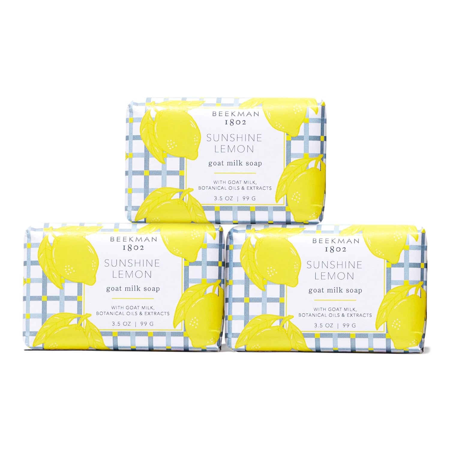 Beekman 1802 Goat Milk Body Soap Bar 3-Piece Set, Sunshine Lemon - Scented - 3.5 oz - Nourishes, Moisturizes & Hydrates - 100% Vegetable Soap with Lactic Acid - Good for Sensitive Skin - Cruelty Free
