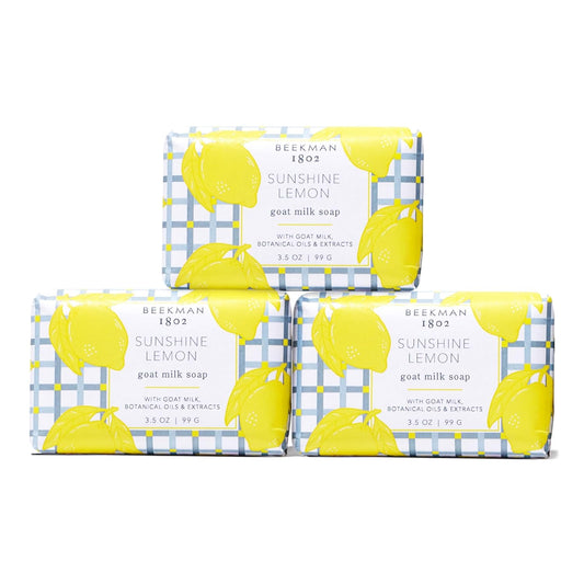 Beekman 1802 Goat Milk Body Soap Bar 3-Piece Set, Sunshine Lemon - Scented - 3.5 oz - Nourishes, Moisturizes & Hydrates - 100% Vegetable Soap with Lactic Acid - Good for Sensitive Skin - Cruelty Free