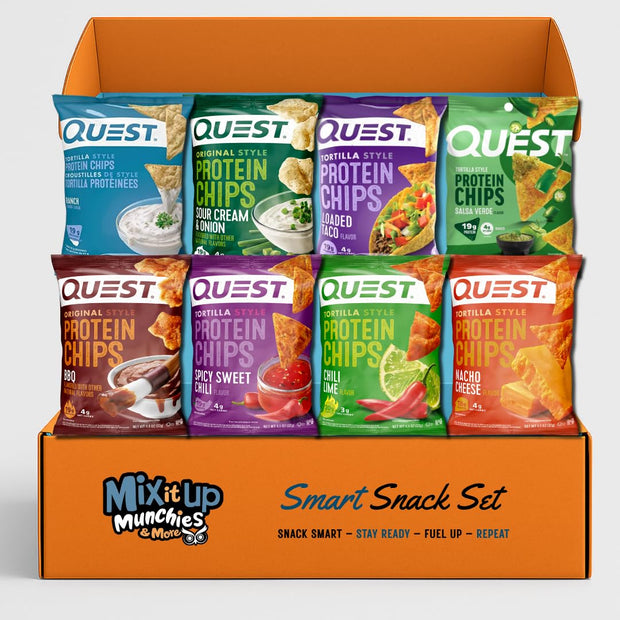 Quest Protein Chips Variety Pack – 8-Flavors + 4 MIMM MInts | High Protein 18-20g Per Bag | Keto Snacks, Baked, Crunchy, Gluten Free, and Low Calorie Snacks | Bundled by Mix It Up Munchies | Healthy Gift Snack Box Variety Pack