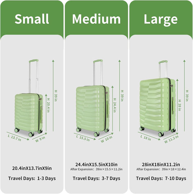Lightweight Luggage with Spinner Wheels & YKK Zipper, 3-Piece Travel Suitcase ABS+PC Hardshell Luggage Set with TSA Lock, Light Avocado Green (20+24+28 inch)