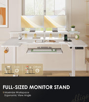 U Shaped Electric Standing Desk with Keyboard Tray, 55 Inch Height Adjustable Desk with Power Outlets & LED Lights, Sit Stand Table with Monitor Stand for Home, Office, White