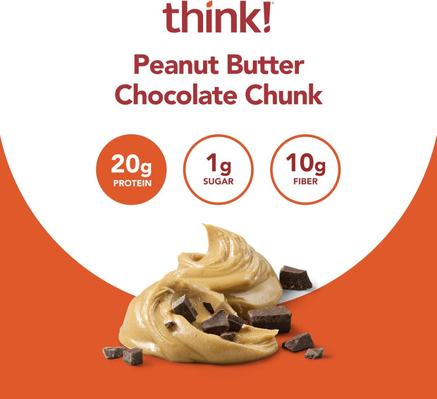 think! Protein Bars, High Protein Snacks, Gluten Free, High Fiber, Peanut Butter Chocolate Chunk, 10 Count