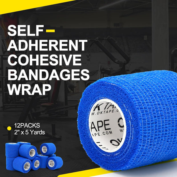 OK TAPE 12 Rolls Self Adhesive Bandage Wrap, Elastic Athletic Tape, Self Stick Bandage Tape, Vet Wrap, Medical Wrap for Wrist, Feet, 2" x 5 Yards - Black