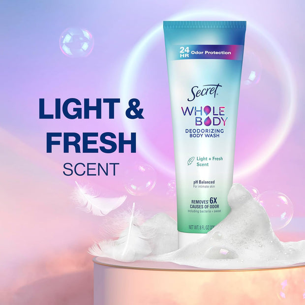 Secret Feminine Wash, 24 HR Deodorizing Feminine Body Wash for Women, Removes 6x Causes of Odor, PH Balanced, Safe to Use Everywhere, Light & Fresh, 8.0 oz