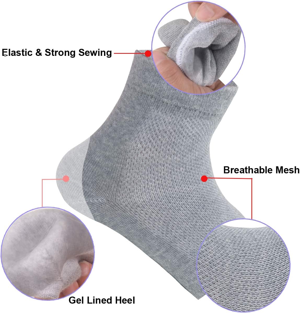 Vented Moisturizing Gel Heel Socks, 3 Pairs Toeless Spa Sock for Foot Care Treatment, Cracked Heels, Dry Feet, Foot Calluses (Gray, Green, Pink)