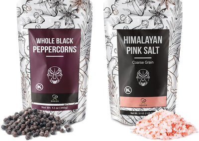 Soeos Whole Black Peppercorns 12oz + Himalayan Pink Salt 2lb, Salt and Pepper for Grinders, Black Peppercorn Refil, Pink Himalayan Sea Salt, 2 Piece Set