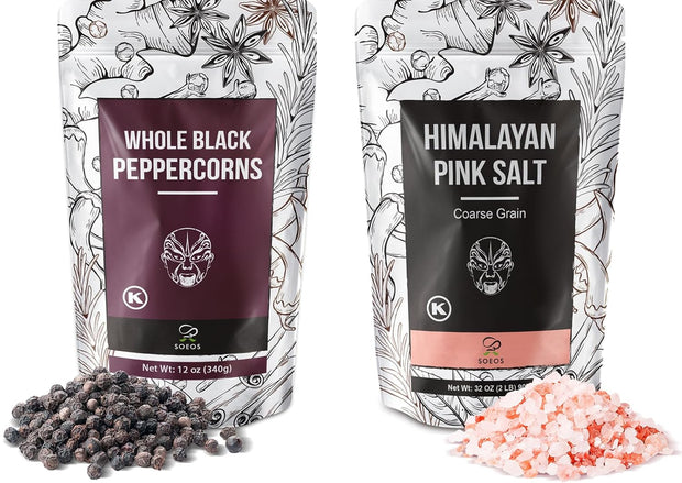 Soeos Whole Black Peppercorns 12oz + Himalayan Pink Salt 2lb, Salt and Pepper for Grinders, Black Peppercorn Refil, Pink Himalayan Sea Salt, 2 Piece Set