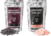 Soeos Whole Black Peppercorns 12oz + Himalayan Pink Salt 2lb, Salt and Pepper for Grinders, Black Peppercorn Refil, Pink Himalayan Sea Salt, 2 Piece Set
